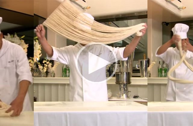 This master chef makes 100’s of noodles out of a thick roll of dough. AMAZING!