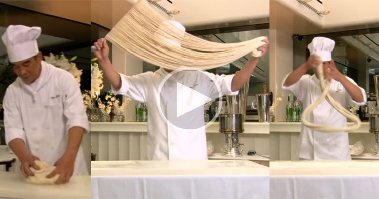 This master chef makes 100’s of noodles out of a thick roll of dough. AMAZING!