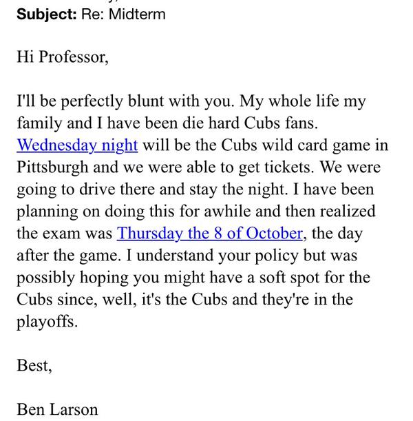 Professor Gives Epic Response To Student Who Asks To Miss Class For A Baseball Game